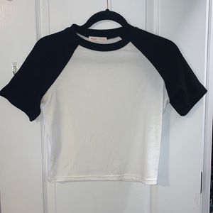 white and black cropped baseball style tshirt